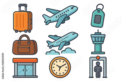 Travel and Flying Icons: Luggage, Airplanes, Airport Control Tower, Security Check, Clock, and Terminal Entrance in Vector Cartoon Style, Transparent Background