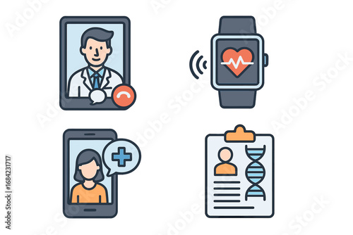 Telemedicine and health technology icon set. Remote consultation with doctor, patient data, genetic analysis, and heart rate monitoring with smartwatch. Modern healthcare vector.