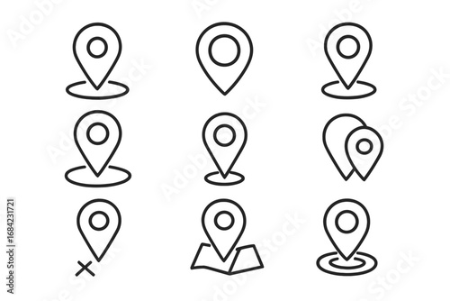 Map Pin Line Icon Collection, Location Markers for Graphic and Web Design, Apps, Advertising, Business Cards, Vector Outline Symbols, Navigation, GPS Concept, Transparent Background