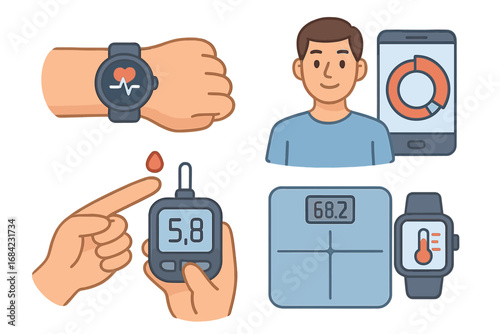 Health technology vector icon set. Digital health monitoring with smartwatch, glucometer for diabetes, weight scale, health app. Telemedicine and healthcare cartoon illustration.