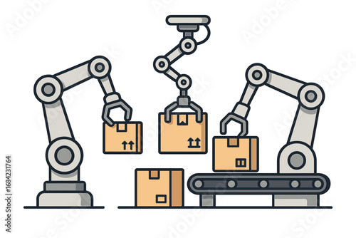 Robotic arms sorting and handling packages in a modern automated logistics facility, efficient warehouse automation, vector cartoon illustration for industrial shipping and distribution