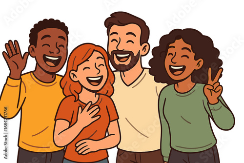 Happy diverse friends group laughing. Vector illustration of multicultural people, men and women, sharing joy. Teamwork, community, and friendship concept. Cartoon characters.