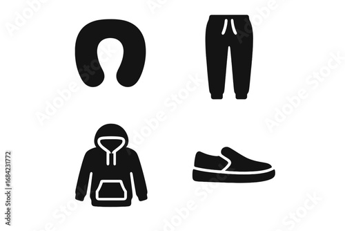 Travel comfort solid glyph icon set. Essential items for a cozy journey. Vector symbols of neck pillow, joggers, hoodie, slip-on shoes. Airport loungewear and flight fashion.