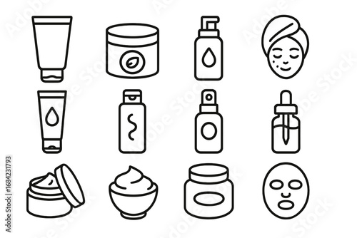 Skin care and beauty outline icon set. Vector collection of cosmetic product symbols. Cream tube, lotion bottle, serum dropper, face mask, and spa treatment linear pictograms.