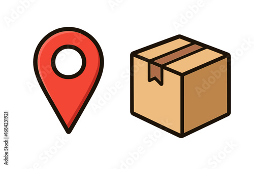Location Pin and Delivery Box Icon Isolated Vector Illustration, Cartoon Style Symbol for Websites, Apps, E-commerce, Shipping, Tracking, Ordering, Transparent Background