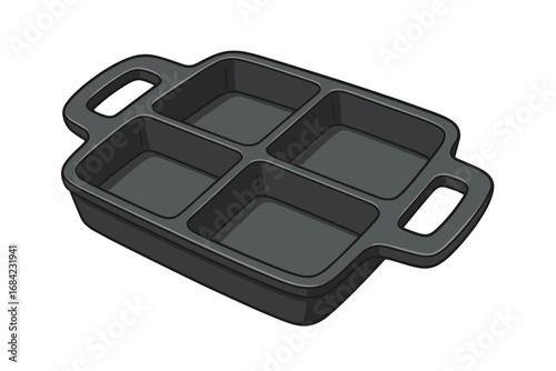 Cast iron baking tray with four divided sections. Versatile cooking pan for oven baking, roasting, and serving. Durable kitchen bakeware. Vector cartoon illustration isolated.