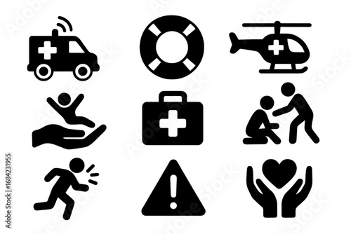 Emergency aid icon set. Rescue, safety, and assistance silhouette collection. Vector icons of ambulance, first aid kit, medical helicopter, lifebuoy, warning and care symbols.