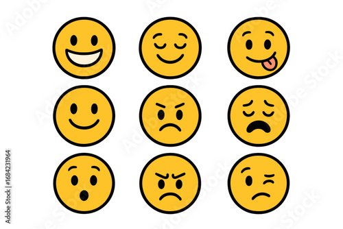 Set of cute cartoon emoji faces with different emotions. Vector smiley icon collection showing various moods like happy, sad, angry, and surprised. Emoticon character pack.