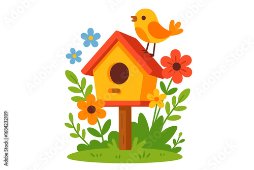 Cute cartoon bird on a colorful wooden birdhouse in a spring garden with blooming flowers. Vector illustration of a nesting box. Concepts for nature, wildlife, home, seasons, joy.