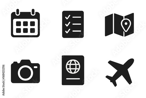 Travel and vacation planning icon set. Solid glyph icons for adventure journey. Includes calendar schedule, checklist, map destination, passport, camera, and airplane flight symbol.