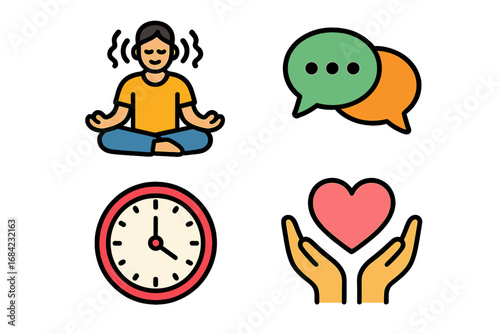 Wellness and mindfulness icons. Meditation, communication, time management, emotional balance. Vector set for mental health, self-care, psychology, stress relief, zen, and life balance.