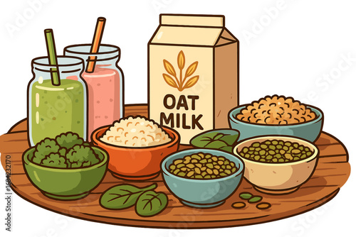 Healthy plant-based food assortment. Vegan diet concept with oat milk, smoothies, grains, lentils, beans. Nutrition and wellness vector cartoon illustration. Superfood.