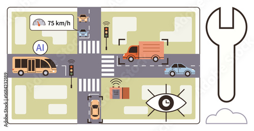 Urban intersection with AI monitoring traffic flow, autonomous vehicles, sensors, signals, and a toolbox. Ideal for technology, smart cities, AI, automation transportation IoT urban