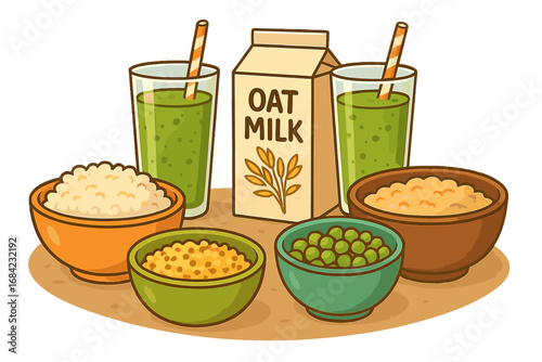 Healthy plant-based food with oat milk and green smoothie. Vegan meal with rice, peas, and lentils. Concept for nutrition, diet, and wellness. Vector cartoon illustration.