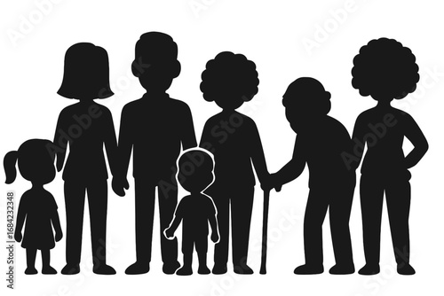 Silhouettes of diverse age groups and genders representing inclusion, family, unity, community support, social diversity, equality, and intergenerational connection vector illustration