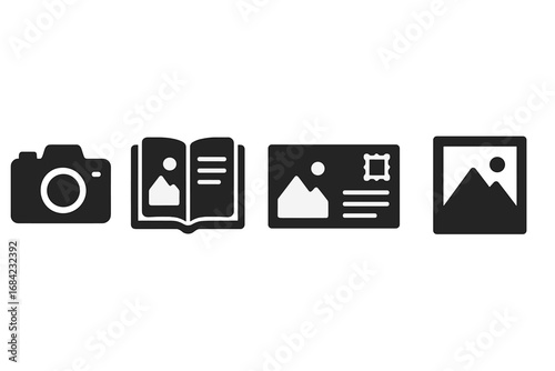 Travel memories icon set. Concept of vacation, journey, photography, nostalgia. Solid glyph icons of camera, photo album, postcard, picture frame. Vector illustration.