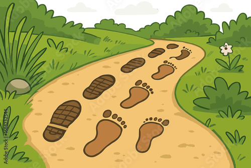 Footprints and shoe prints on a dirt path, a journey concept. Two different ways, barefoot freedom vs hiking boots. Following, walking together, nature trail discovery vector.