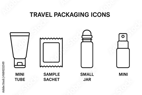 Travel size packaging icons. Outline vector icon set of cosmetic sample containers. Mini tube, sachet, small spray, and roller bottle for toiletries and beauty products.