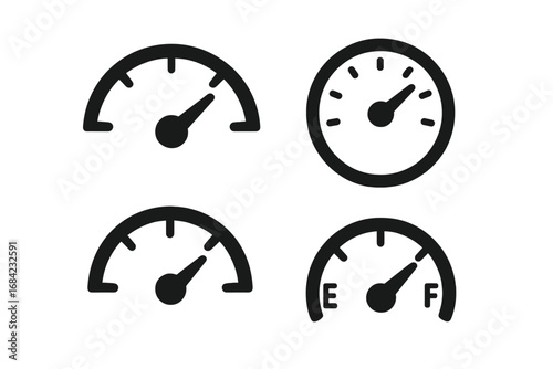 Speedometer gauge icon set. Car dashboard silhouette collection. Vector tachometer, fuel level and pressure indicator. Vehicle speed, power and performance meter dial.