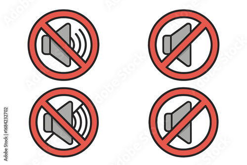 Muted Speaker Icon Set with Prohibited Sign, Vector Cartoon Illustrations for Interface, Posts, Advertisements, Various Digital and Print Cards, Transparent Background, Ordered Collection