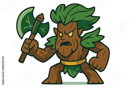 Forest guardian creature, fantasy tree monster warrior with an axe. Cartoon vector character for a gaming mascot. Angry ent, treant or golem ready for battle. Nature spirit protector.