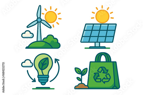 Renewable energy icon set with wind turbine and solar panel. Green power and eco friendly practices like recycling and sustainable shopping. Vector cartoon illustrations.