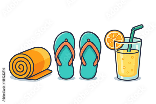 Summer beach essentials including rolled towel, flip flops, and refreshing orange juice drink with straw, vibrant vector cartoon illustration for vacation, relaxation, ocean getaway