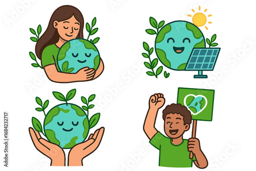 Earth Day illustration set. People love and care for the planet. Environmental protection, sustainability, save the world, renewable solar energy and activism concept. Vector cartoon.