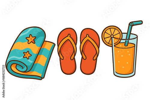 Summer beach essentials include colorful towels, orange flip flops, and refreshing citrus drinks for ultimate relaxation and fun by the ocean, vector cartoon illustration