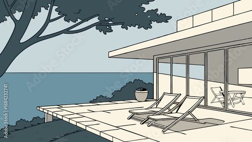 Modern House Deck Seaside Relaxation Illustration Ocean View Patio Furniture Summer Vacation Tropical Getaway Coastal Living Calm Tranquil Minimalist Design.