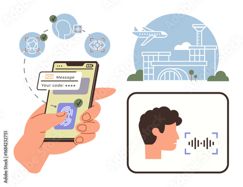 Hand using smartphone fingerprint scan, biometric updates, airport terminal graphic, face recognition with voice authentication. Ideal for travel, security, tech innovation, data privacy, biometrics