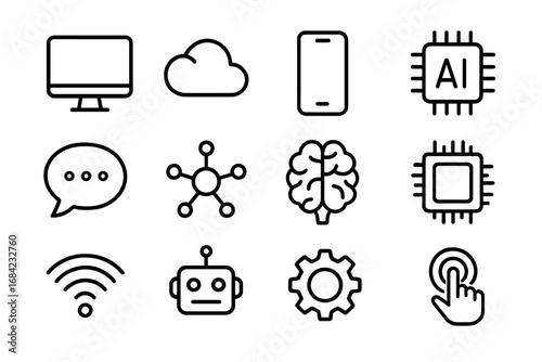 Technology and AI line icon set. Icons for artificial intelligence, machine learning, neural network, communication, robot, cloud computing, and smart technology. Vector outline.