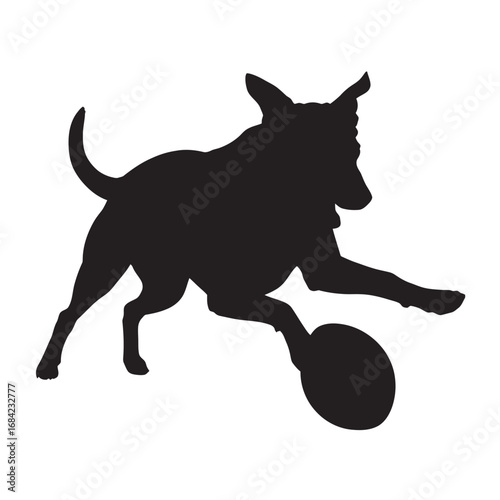 A vector illustration of a black dog playing with a ball, a playful silhouette of domestic pets