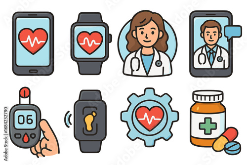 Digital health icon set. Telemedicine, online doctor consultation. Medical technology, mobile app. Smartwatch health monitoring, heart rate, steps, glucose meter vector.