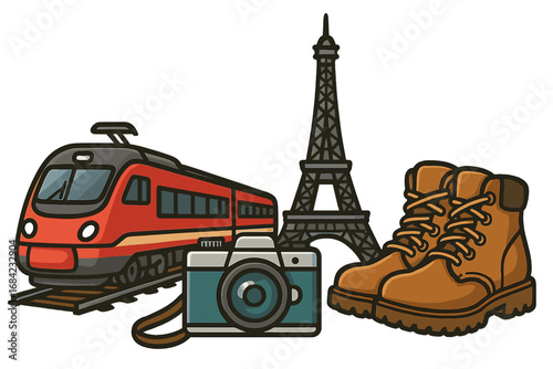 Travel to Europe concept. Paris vacation by train. Tourism adventure essentials with camera, hiking boots, and Eiffel Tower landmark. Vector journey illustration collection.