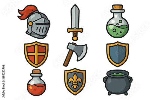 Medieval fantasy RPG game icon set. Vector cartoon illustration of knight helmet, sword, axe, shield, and magic potion. Fantasy assets for UI design, isolated on white background.