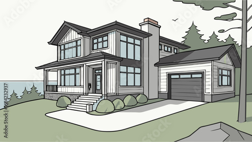 Modern House Exterior Design Two-Story Home Illustration Suburban Residence Drawing Family Home Architectural Sketch Residential Building Blueprint.