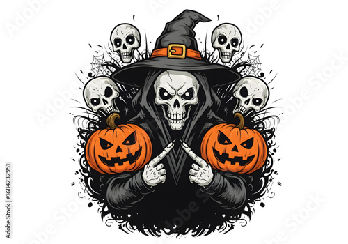 Grim Reaper Witch with Pumpkins and Skulls PNG on Transparent Background

