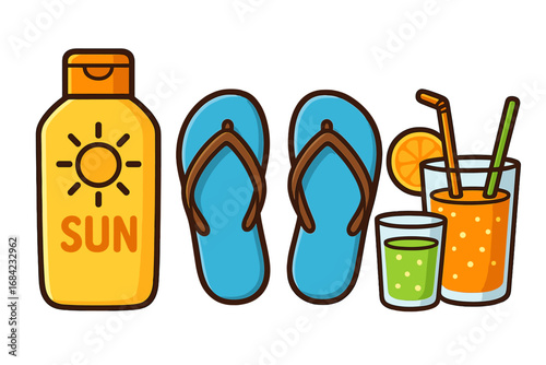 Summer essentials for a perfect beach day with sunscreen, flip flops, refreshing tropical drinks, sun protection, summer vacation, outdoor leisure, vector cartoon illustration