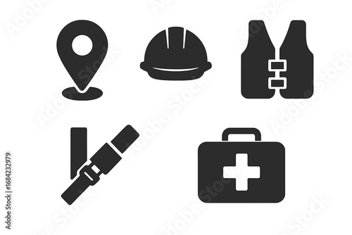 Travel and work safety solid icon set. Safe journey, road safety, work protection concepts. Seatbelt, life jacket, first aid kit, hard hat helmet, and safe zone map pin symbols.