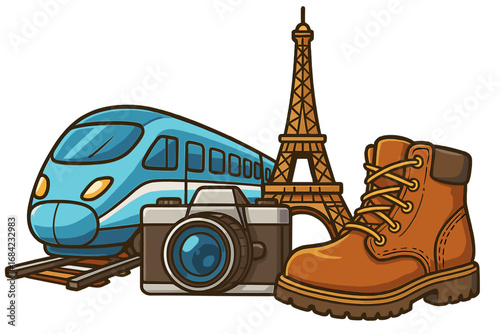 Travel to Europe concept with high-speed train, photo camera, hiking boot, and Eiffel Tower. Vector cartoon for tourism, vacation, journey, and adventure in Paris, France.