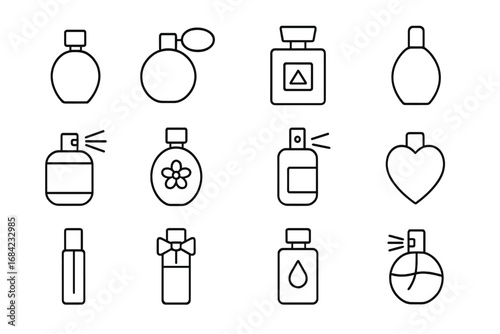 Set of Minimalistic Perfume Line Icons, Elegant Linear Fragrance Bottle Pictograms for Web Design, Mobile Apps, Banners, Social Media, and Greeting Cards, Vector Illustration