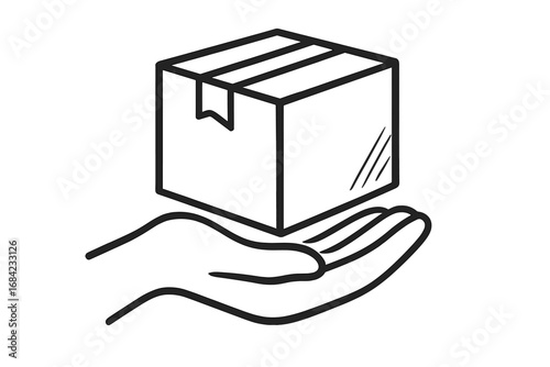 Vector cartoon illustration of a hand holding a delivery box with arrow symbol, graphic concept for shipping, parcel handling, logistics, delivery service, and e-commerce icons