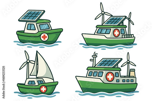 Healthcare boats powered by renewable energy. Medical ship, ambulance boat collection with solar panel, wind turbine. Sustainable maritime aid concept. Vector illustration set.