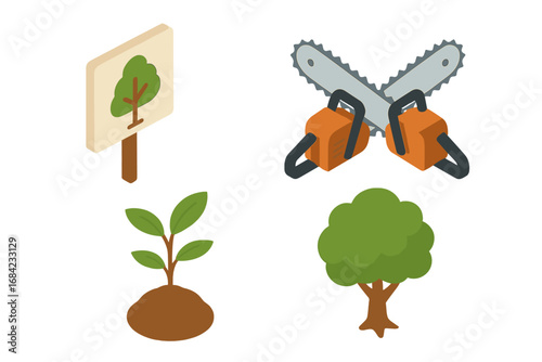 Tree activism and conservation isometric icon set. Stop deforestation protest concept with crossed chainsaws. Reforestation, planting sapling, and nature protection vector icons.