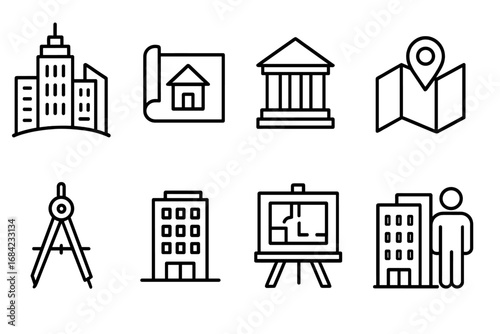 Urban planning line icon set. Cityscape, architecture, and real estate symbols. Outline icons for development, construction, and city infrastructure. Vector collection.