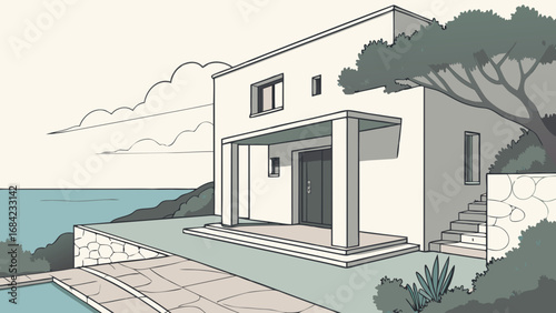 Modern house illustration seaside villa architectural drawing ocean view home minimalist design coastal property building blueprint home design concept real estate image house sketch modern architect.