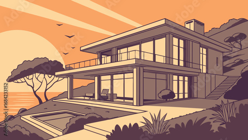 Modern House Illustration Sunset View Minimalist Architecture Two-Story Home Swimming Pool Ocean View Landscape Design Residential Building Home Exterior Real Estate Property Architecture Design Hous.