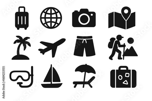 Travel icon collection. Summer vacation silhouette symbol set. Adventure, tourism, journey, holiday concepts. Beach, hiking, trip. Luggage, plane, camera, globe vector icons.