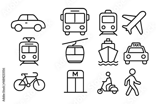 Transportation line icon set. Public transport, travel and commute symbols. Vector outline icons of car, bus, train, airplane, ship, taxi, bike, subway and scooter.